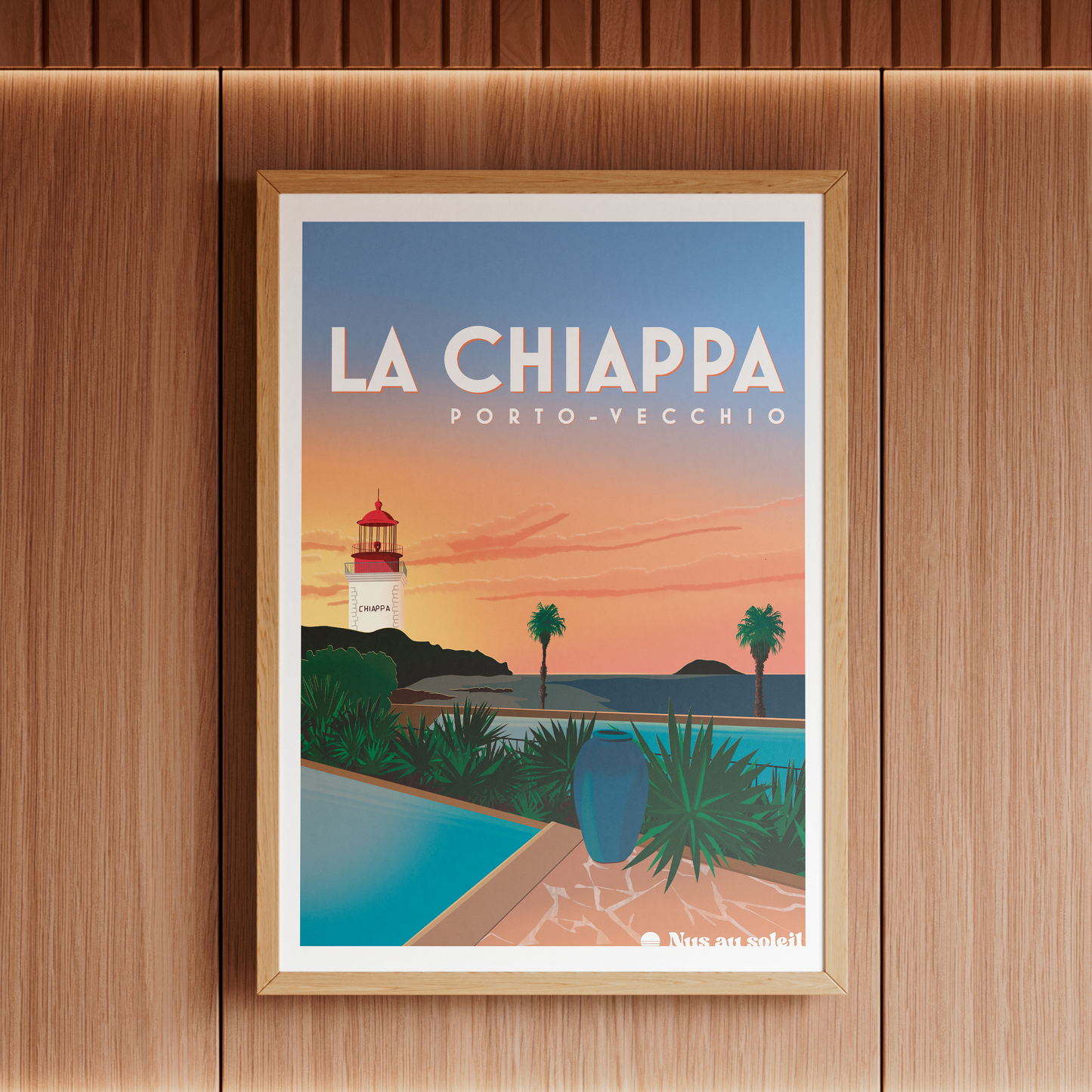 Affiche décorative inspirée du naturisme en Corse du Sud, idéale pour une décoration murale évoquant liberté, soleil et paysages corses.