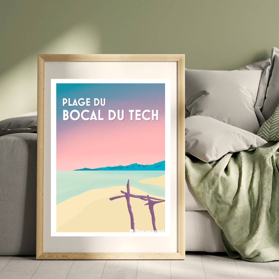 Affiche de la collection Nus au Soleil représentant la plage naturiste du Bocal du Tech dans les Pyrénées-Orientales.