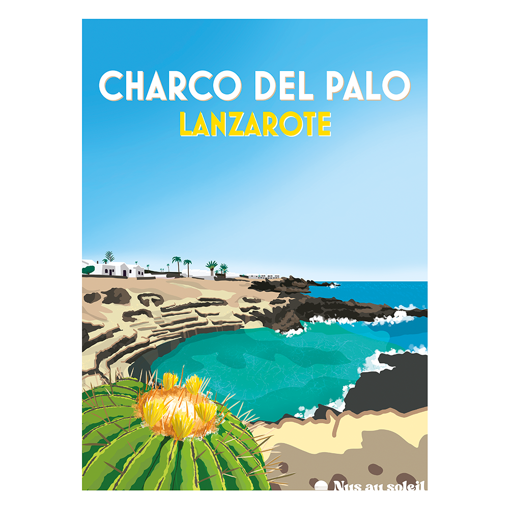 Affiche illustrée du village naturiste de Charco del Palo à Lanzarote, Îles Canaries, dessinée à la main par Nus au Soleil