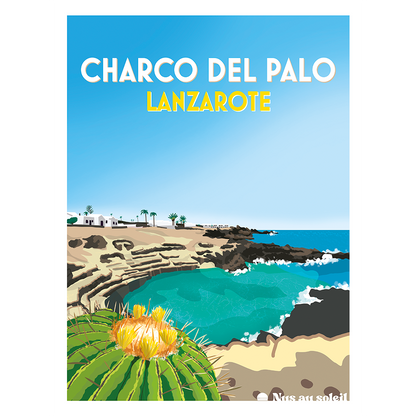 Affiche illustrée du village naturiste de Charco del Palo à Lanzarote, Îles Canaries, dessinée à la main par Nus au Soleil