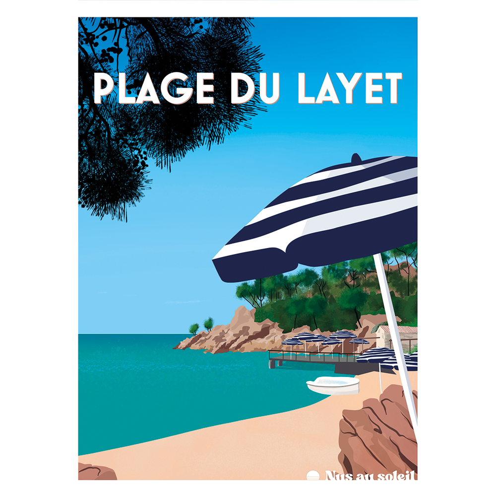 Affiche vintage de la Plage du Layet au Lavandou avec crique turquoise et pins parasols par Nus au Soleil