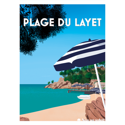 Affiche vintage de la Plage du Layet au Lavandou avec crique turquoise et pins parasols par Nus au Soleil
