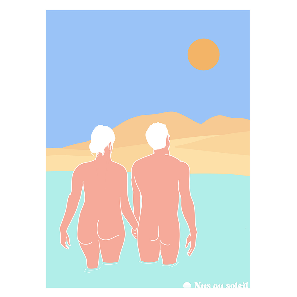 Illustration d'un couple nu et d’une dune: paysage naturiste.