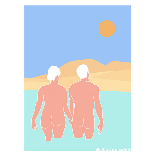 Illustration d'un couple nu et d’une dune: paysage naturiste.