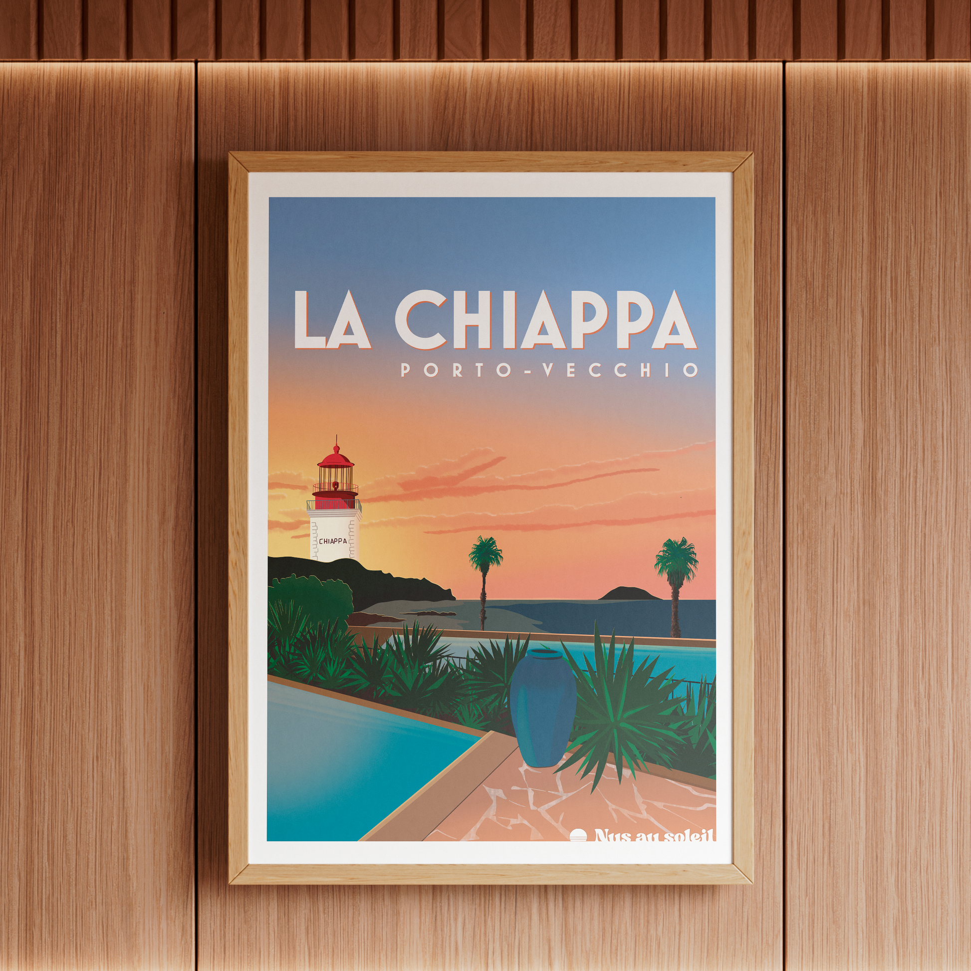 Affiche décorative inspirée du naturisme en Corse du Sud, idéale pour une décoration murale évoquant liberté, soleil et paysages corses.