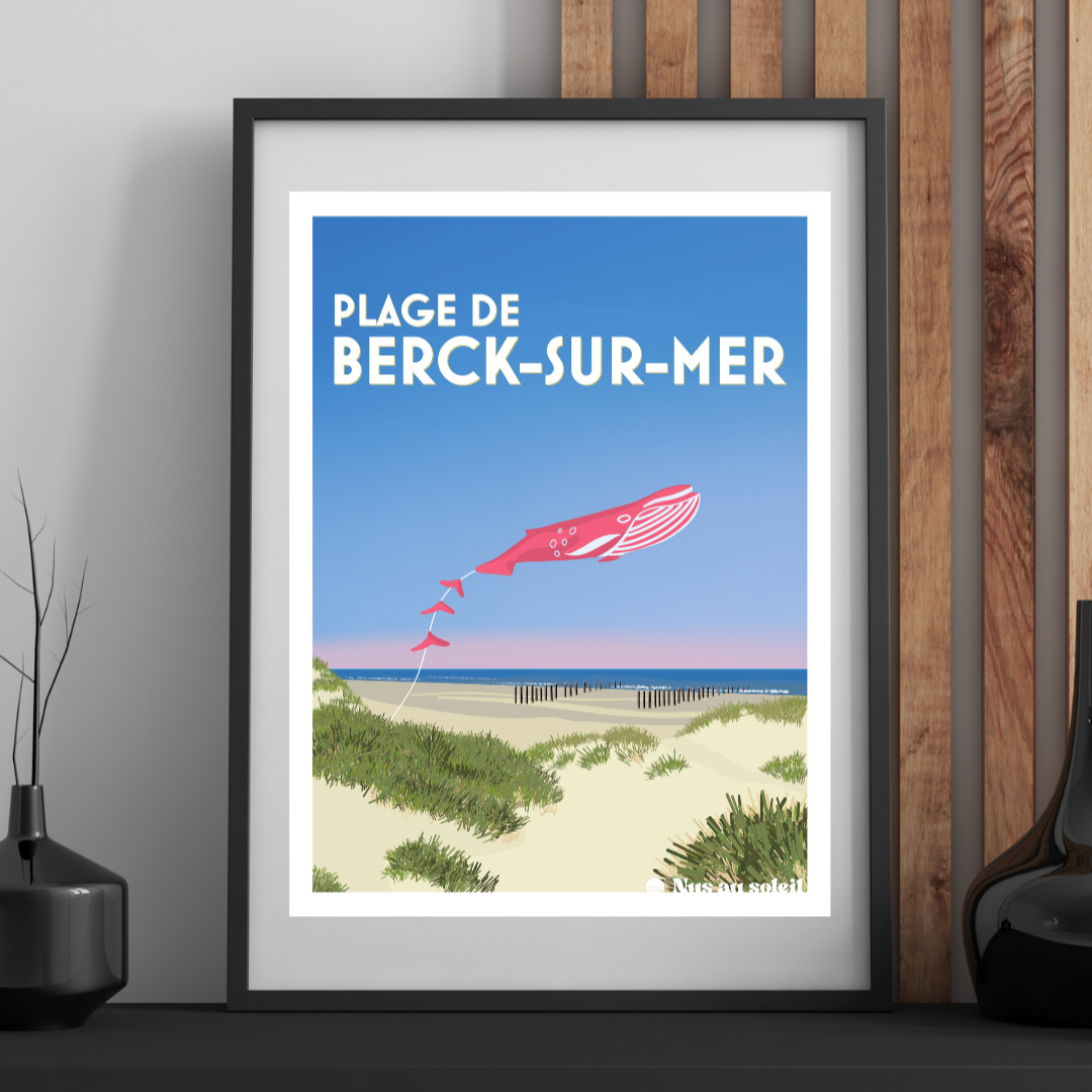 Affiche artistique de la plage naturiste de Berck-sur-Mer, illustration graphique Nus au Soleil, sable, dunes et cerf-volant rouge.