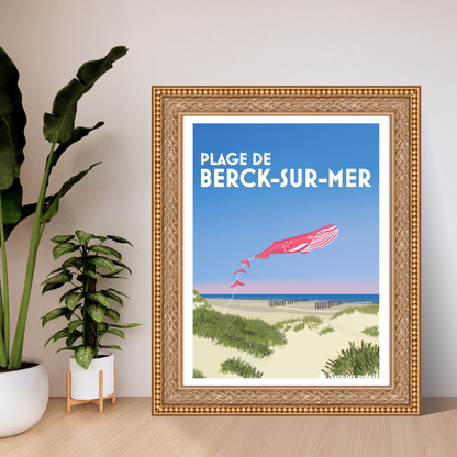 affiche plage naturiste de Berck-sur-Mer, mettant en valeur les dunes et la mer du Nord.