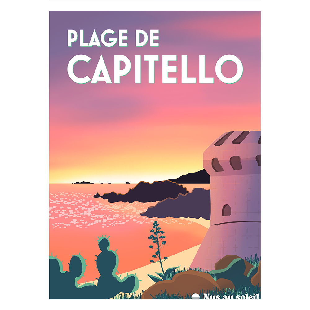 Illustration complète de la plage naturiste de Capitello en Corse – affiche d’art en style minimaliste, collection Nus au Soleil.