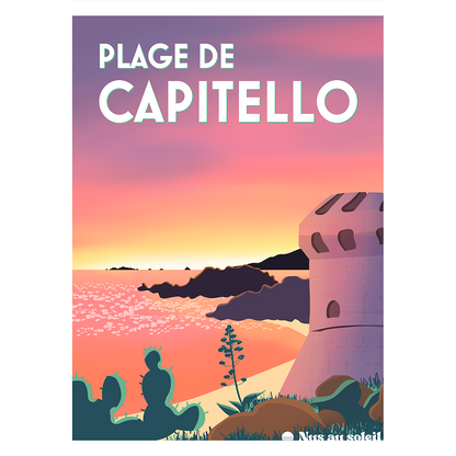 Illustration complète de la plage naturiste de Capitello en Corse – affiche d’art en style minimaliste, collection Nus au Soleil.