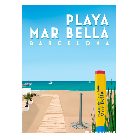 Affiche illustrée de la plage naturiste Mar Bella à Barcelone — collection Nus au Soleil - Póster ilustrado de la playa naturista Mar Bella en Barcelona — colección Nus au Soleil