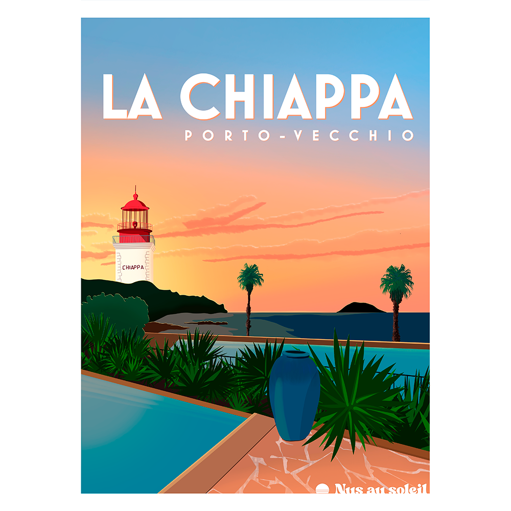 Affiche illustrée du village naturiste La Chiappa à Porto-Vecchio, en Corse du Sud, entre mer turquoise, maquis et lumière méditerranéenne.