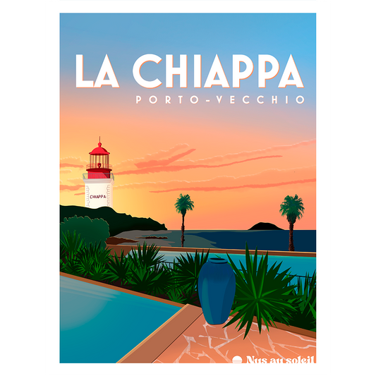 Affiche illustrée du village naturiste La Chiappa à Porto-Vecchio, en Corse du Sud, entre mer turquoise, maquis et lumière méditerranéenne.