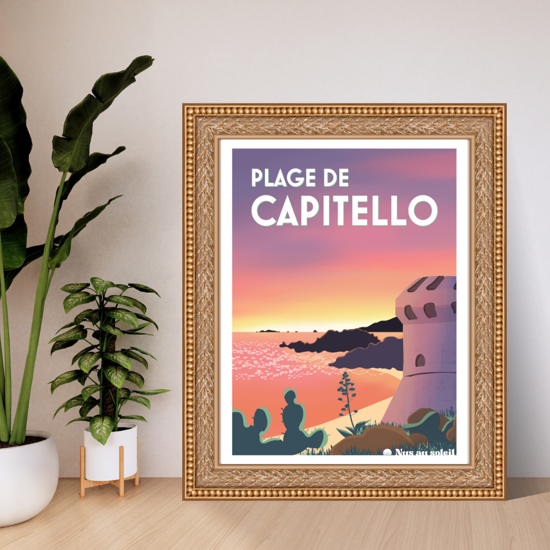Détail de l’affiche Capitello –végétation corse et mer en illustration.