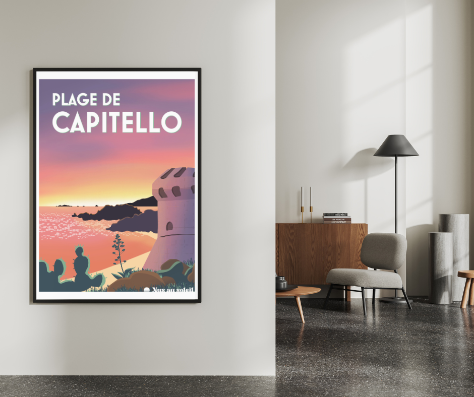 Trois formats de l’affiche Capitello présentés côte à côte – illustration d’une plage naturiste en Corse.