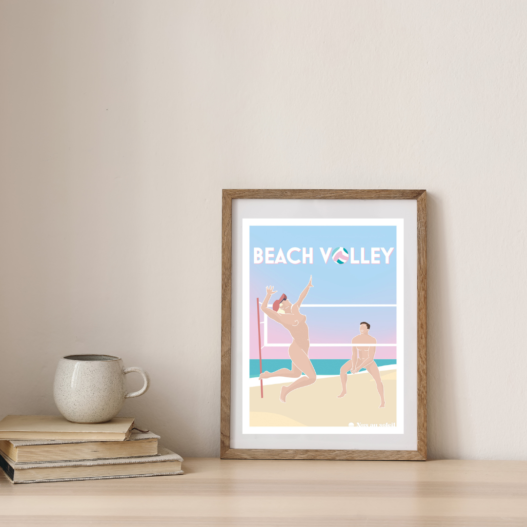 Illustration de la collection Esprit Naturiste mettant en scène deux joueurs naturistes de beach volley sur une plage lumineuse avec filet et mer turquoise.