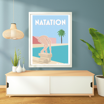 natation naturiste à la piscine en affiche