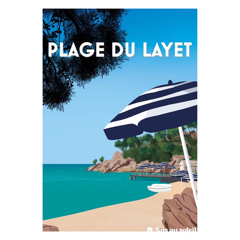 Affiche vintage de la Plage du Layet au Lavandou avec crique turquoise et pins parasols par Nu au Soleil