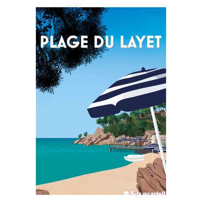 Affiche vintage de la Plage du Layet au Lavandou avec crique turquoise et pins parasols par Nu au Soleil