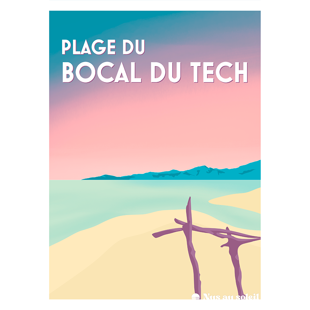 Affiche graphique de la plage naturiste du Bocal du Tech à Argelès-sur-Mer, avec ciel pastel, mer calme et bois flottés sur le sable.