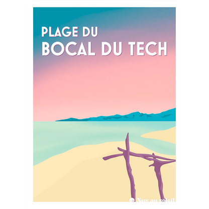 Affiche graphique de la plage naturiste du Bocal du Tech à Argelès-sur-Mer, avec ciel pastel, mer calme et bois flottés sur le sable.